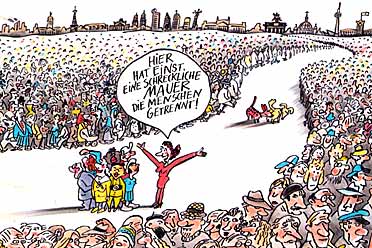 "Hier hat einst eine schreckliche Mauer die Menschen getrennt" - Cartoon von Barbara Henninger