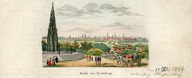 Berlin  view from the Kreutzberge, historischer Stich von Berlin-Kreuzberg um 1866